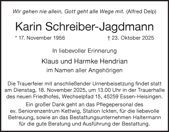 Traueranzeige von Karin Schreiber-Jagdmann von Tageszeitung