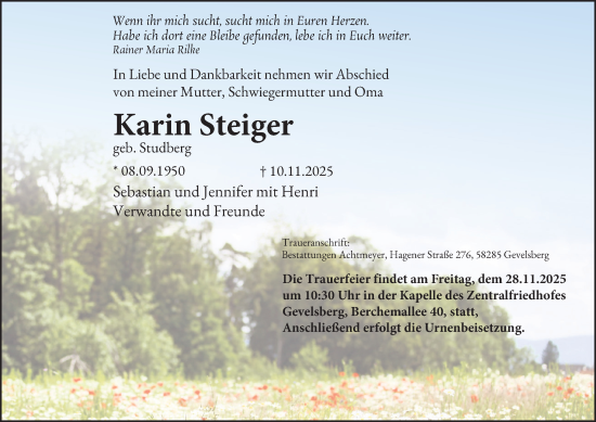 Traueranzeige von Karin Steiger von Tageszeitung