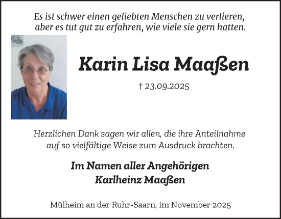 Traueranzeige von Karin Lisa Maaßen von Tageszeitung