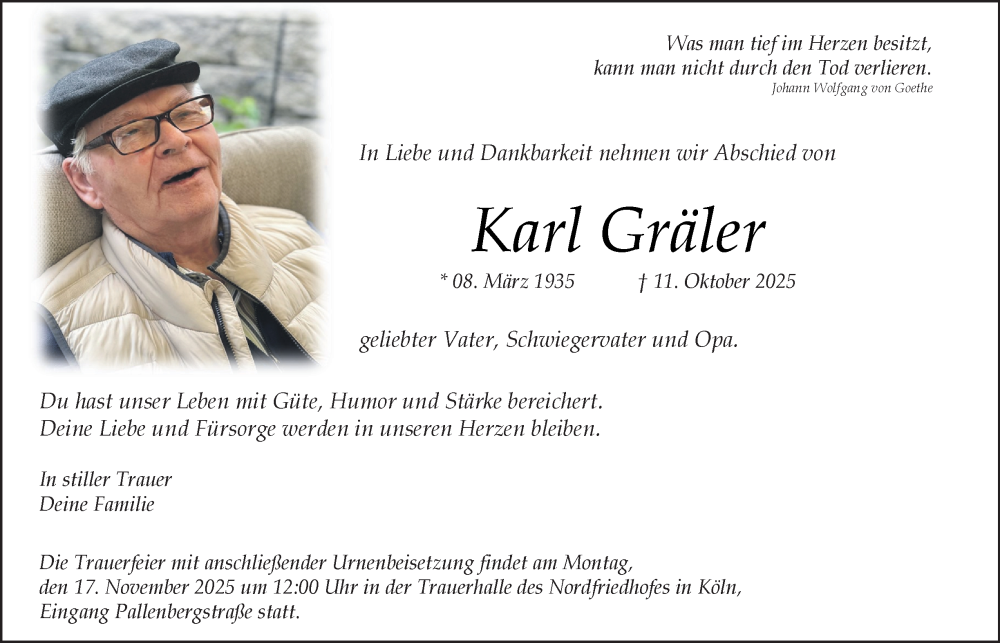  Traueranzeige für Karl Gräler vom 08.11.2025 aus Tageszeitung