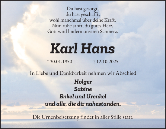 Traueranzeige von Karl Hans von Tageszeitung