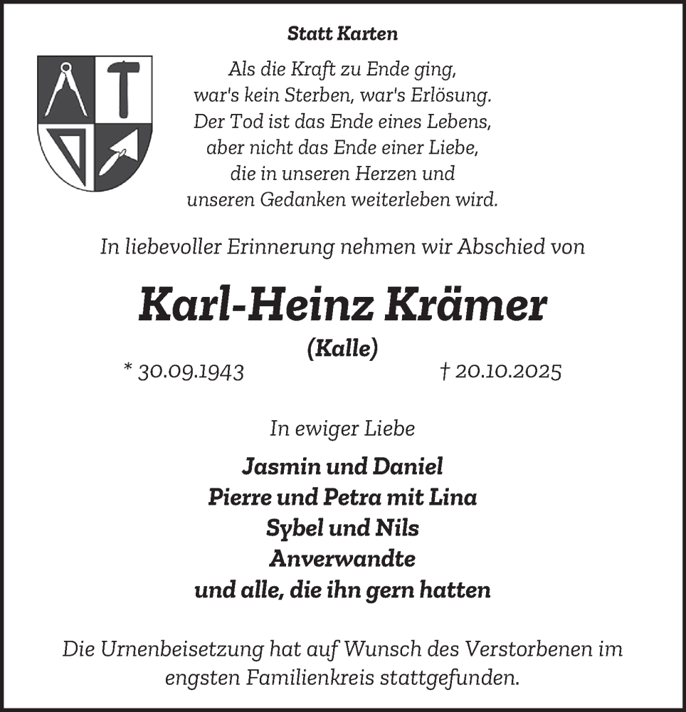  Traueranzeige für Karl-Heinz Krämer vom 15.11.2025 aus Tageszeitung