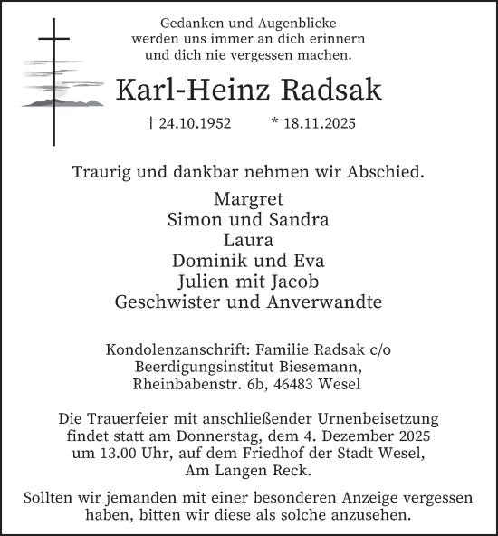 Traueranzeige von Karl-Heinz Radsak von Tageszeitung