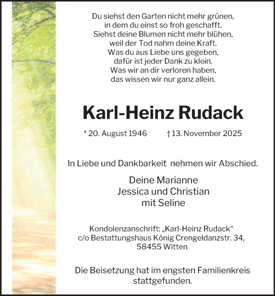 Traueranzeige von Karl-Heinz Rudack von Tageszeitung