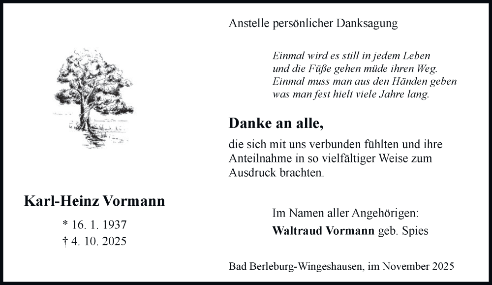  Traueranzeige für Karl-Heinz Vormann vom 15.11.2025 aus Tageszeitung