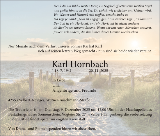 Traueranzeige von Karl Hornbach von Tageszeitung