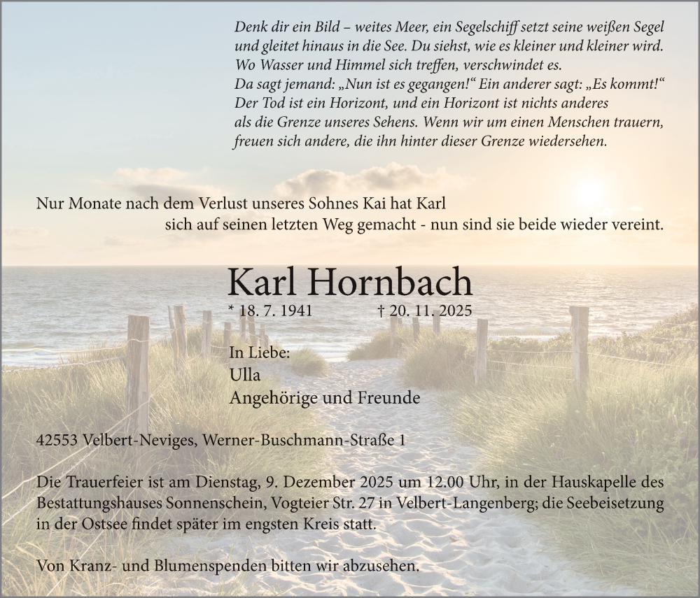  Traueranzeige für Karl Hornbach vom 29.11.2025 aus Tageszeitung