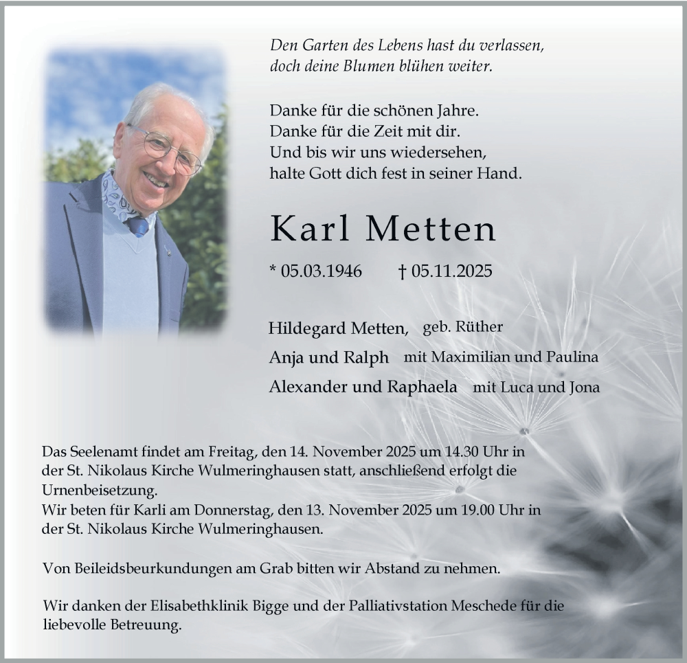  Traueranzeige für Karl Metten vom 08.11.2025 aus Tageszeitung