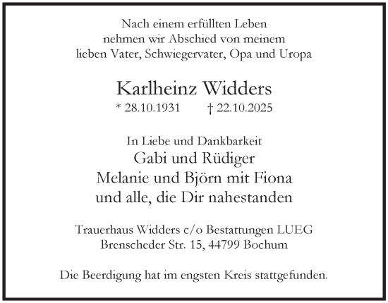 Traueranzeige von Karlheinz Widders von Tageszeitung