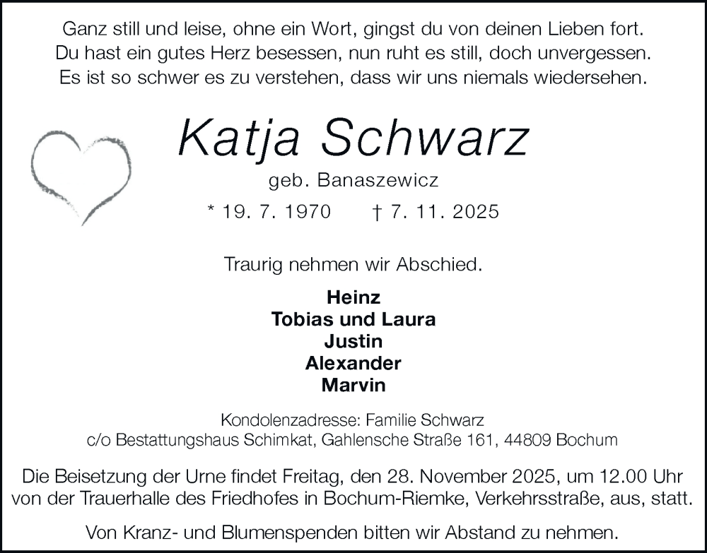  Traueranzeige für Katja Schwarz vom 22.11.2025 aus Tageszeitung