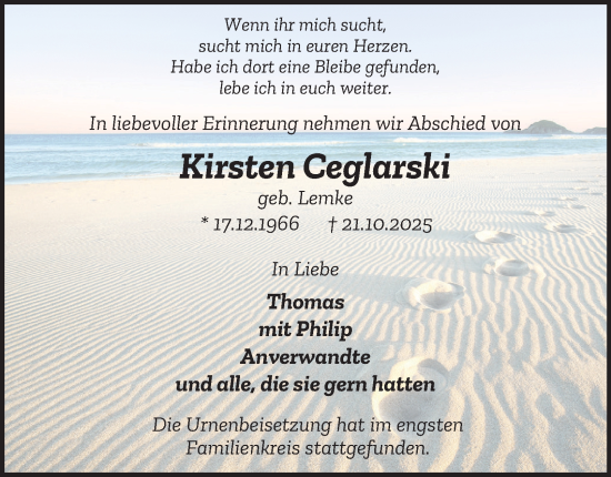 Traueranzeige von Kirsten Ceglarski von Tageszeitung