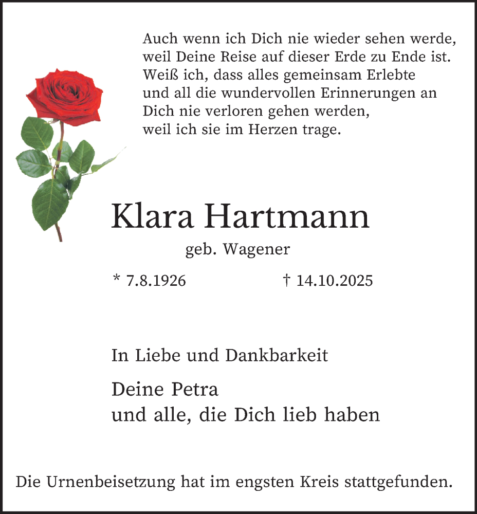  Traueranzeige für Klara Hartmann vom 15.11.2025 aus Tageszeitung