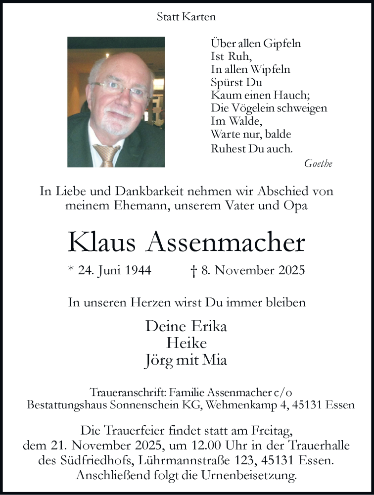  Traueranzeige für Klaus Assenmacher vom 15.11.2025 aus Tageszeitung