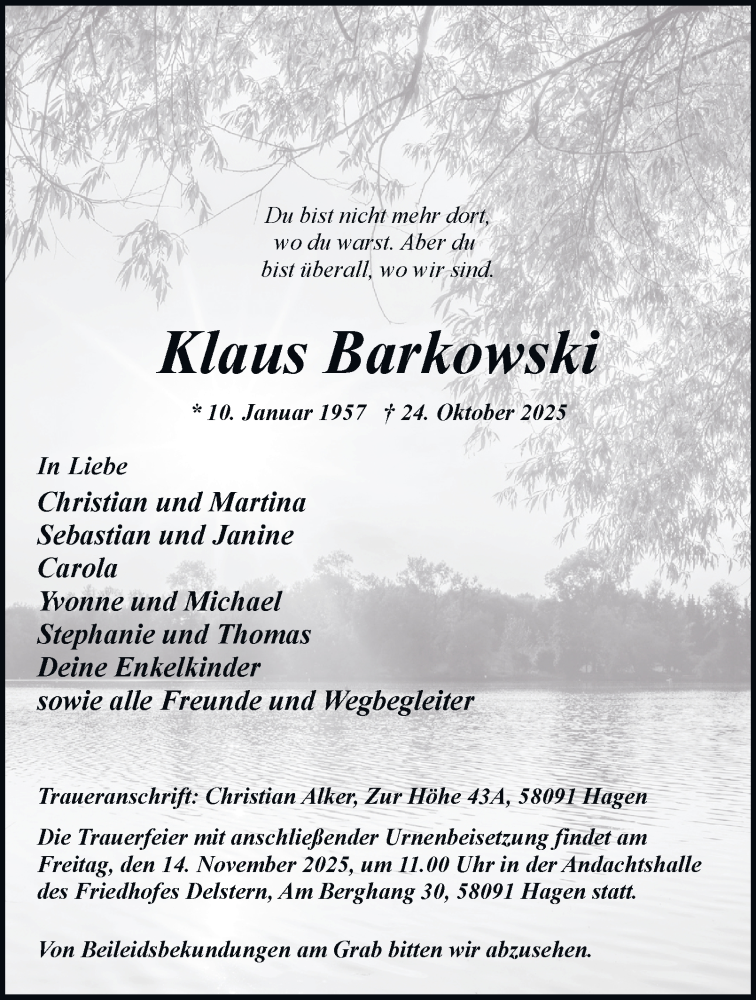  Traueranzeige für Klaus Barkowski vom 12.11.2025 aus Tageszeitung