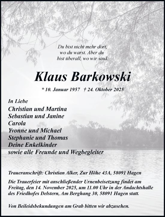 Traueranzeige von Klaus Barkowski von Tageszeitung