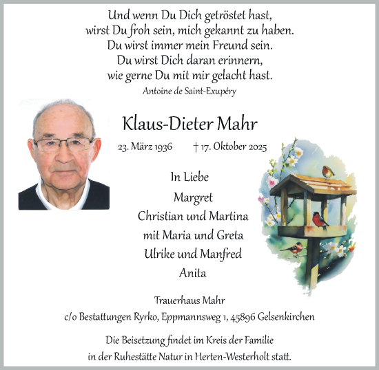 Traueranzeige von Klaus-Dieter Mahr von Tageszeitung