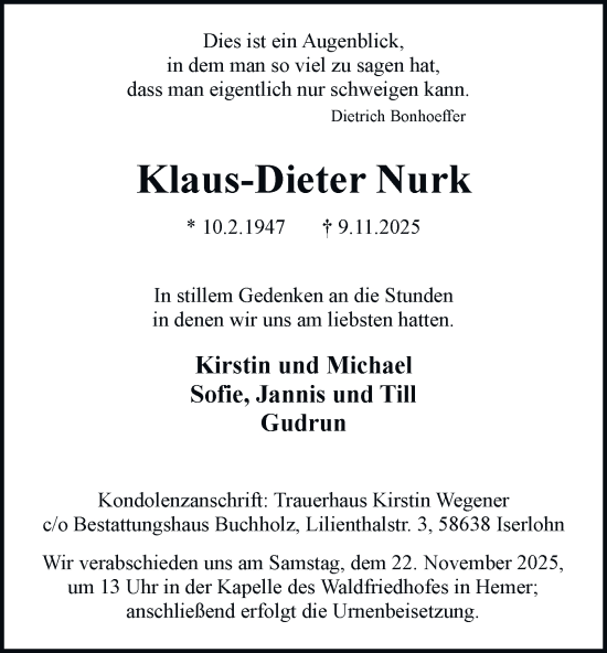 Traueranzeige von Klaus-Dieter Nurk von Tageszeitung