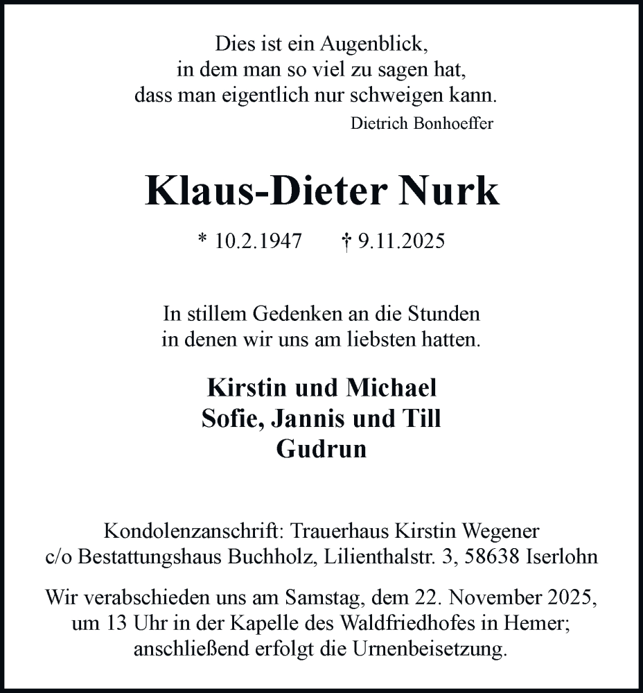  Traueranzeige für Klaus-Dieter Nurk vom 15.11.2025 aus Tageszeitung