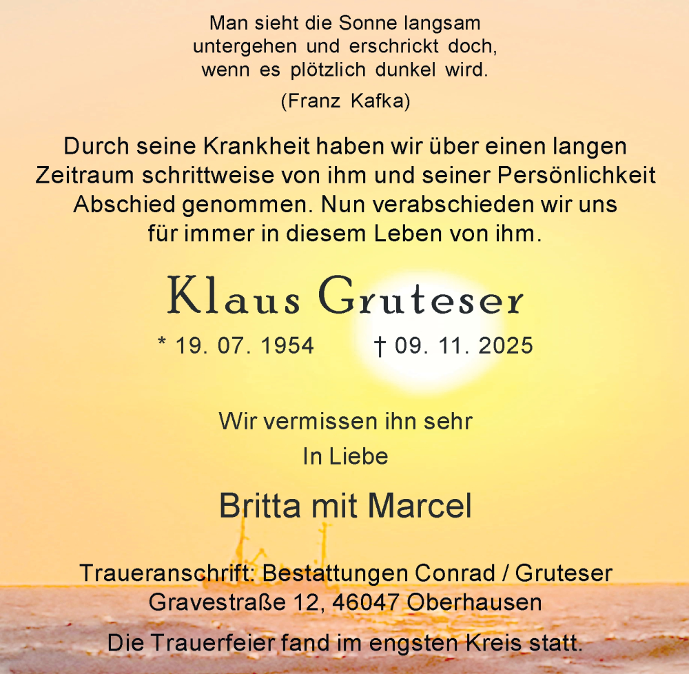 Traueranzeige für Klaus Gruteser vom 22.11.2025 aus Tageszeitung