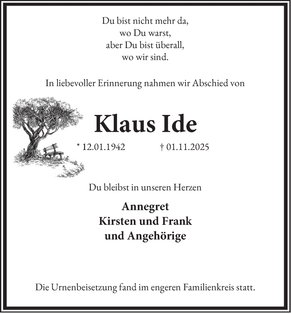  Traueranzeige für Klaus Ide vom 29.11.2025 aus Tageszeitung
