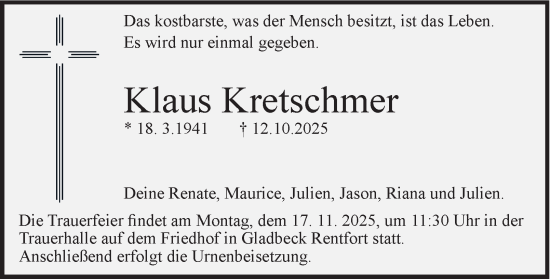 Traueranzeige von Klaus Kretschmer von Tageszeitung
