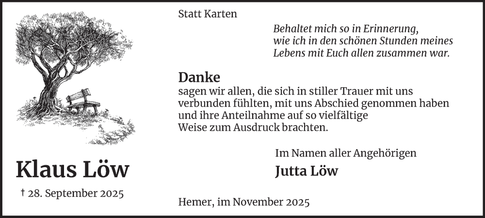  Traueranzeige für Klaus Löw vom 15.11.2025 aus Tageszeitung