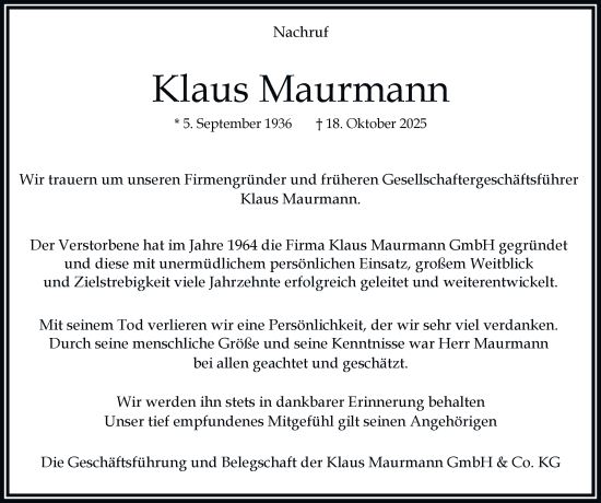 Traueranzeige von Klaus Maurmann von Tageszeitung