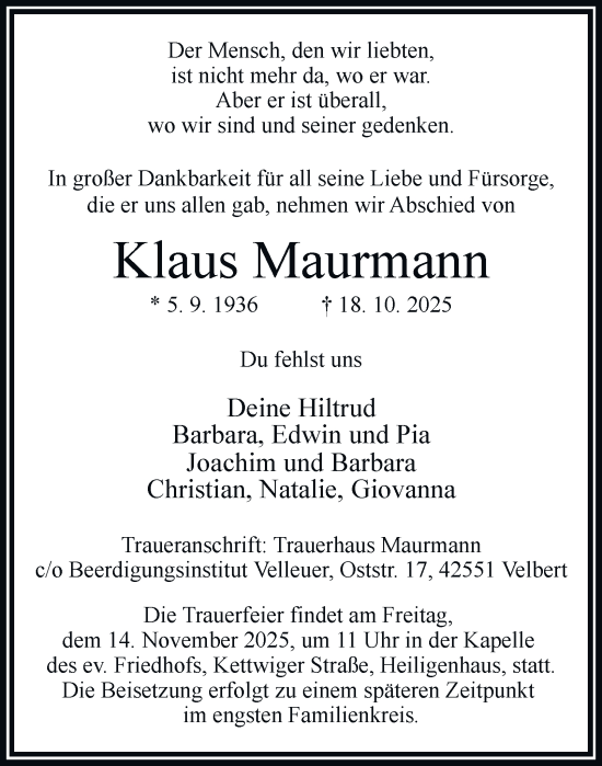 Traueranzeige von Klaus Maurmann von Tageszeitung