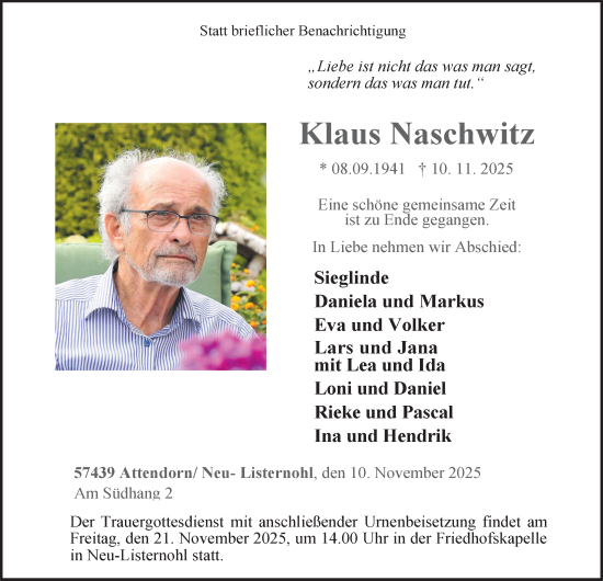 Traueranzeige von Klaus Naschwitz von Tageszeitung