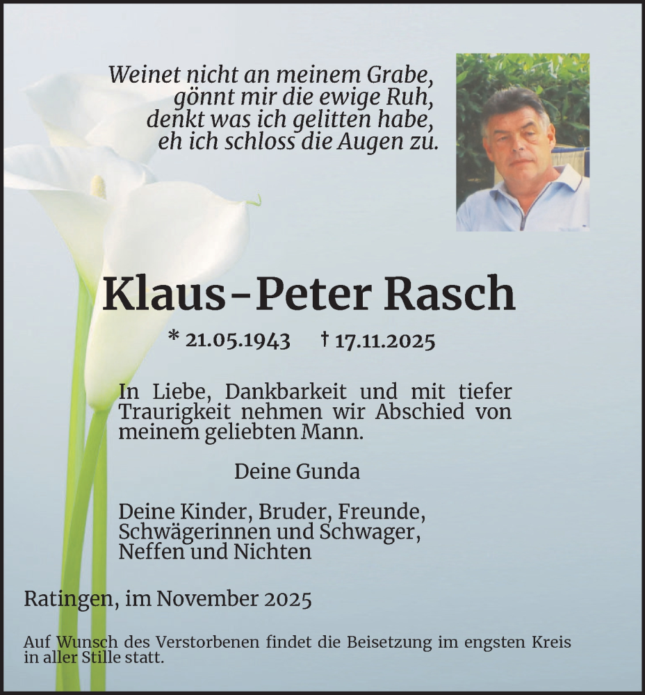  Traueranzeige für Klaus-Peter Rasch vom 29.11.2025 aus Tageszeitung
