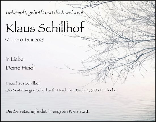 Traueranzeige von Klaus Schillhof von Tageszeitung