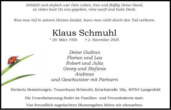 Traueranzeige von Klaus Schmuhl von Tageszeitung
