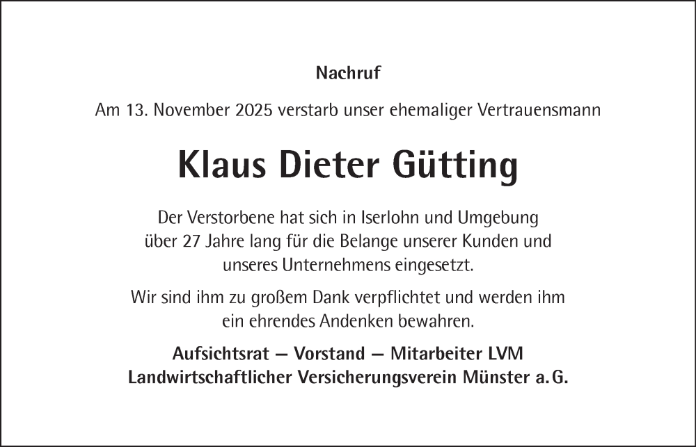  Traueranzeige für Klaus Dieter Gütting vom 29.11.2025 aus Tageszeitung