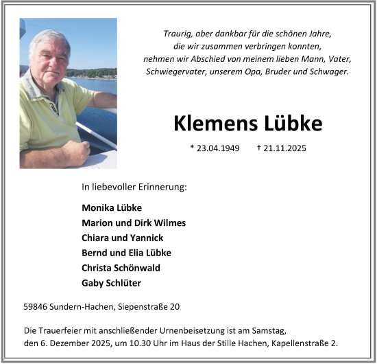 Traueranzeige von Klemens Lübke von Tageszeitung