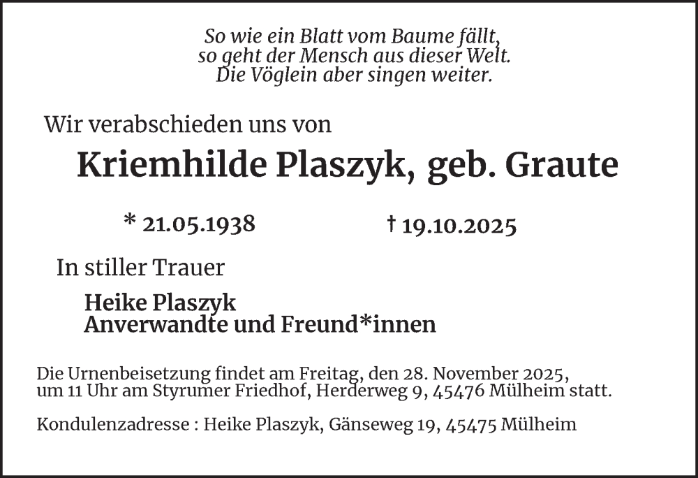  Traueranzeige für Kriemhilde Plaszyk vom 08.11.2025 aus Tageszeitung