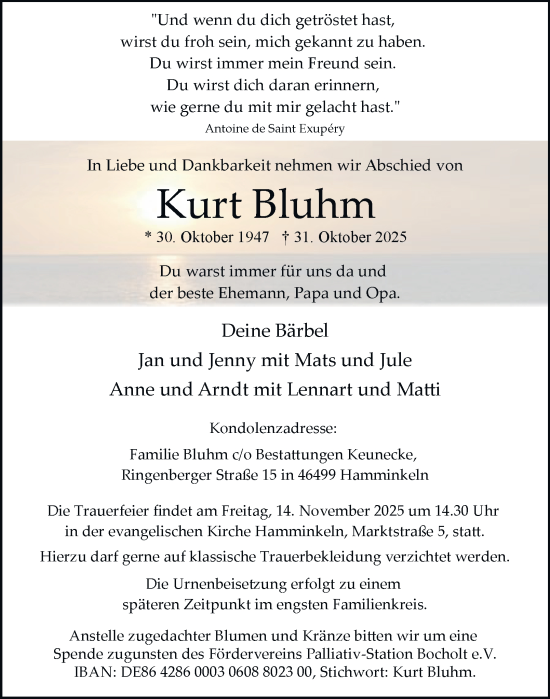 Traueranzeige von Kurt Bluhm von Tageszeitung
