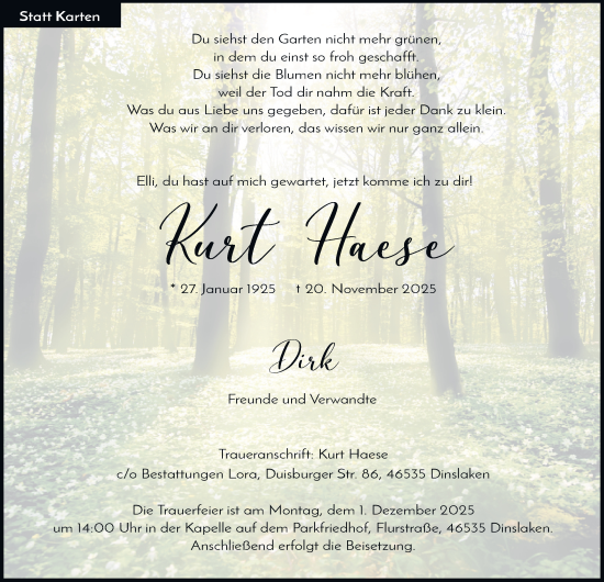 Traueranzeige von Kurt Haese von Tageszeitung