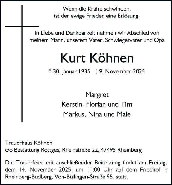 Traueranzeige von Kurt Köhnen von Tageszeitung