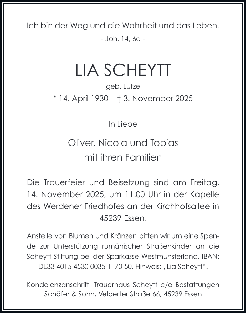  Traueranzeige für Lia Scheytt vom 08.11.2025 aus Tageszeitung