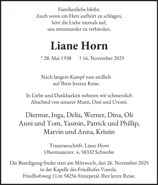 Traueranzeige von Liane Horn von Tageszeitung