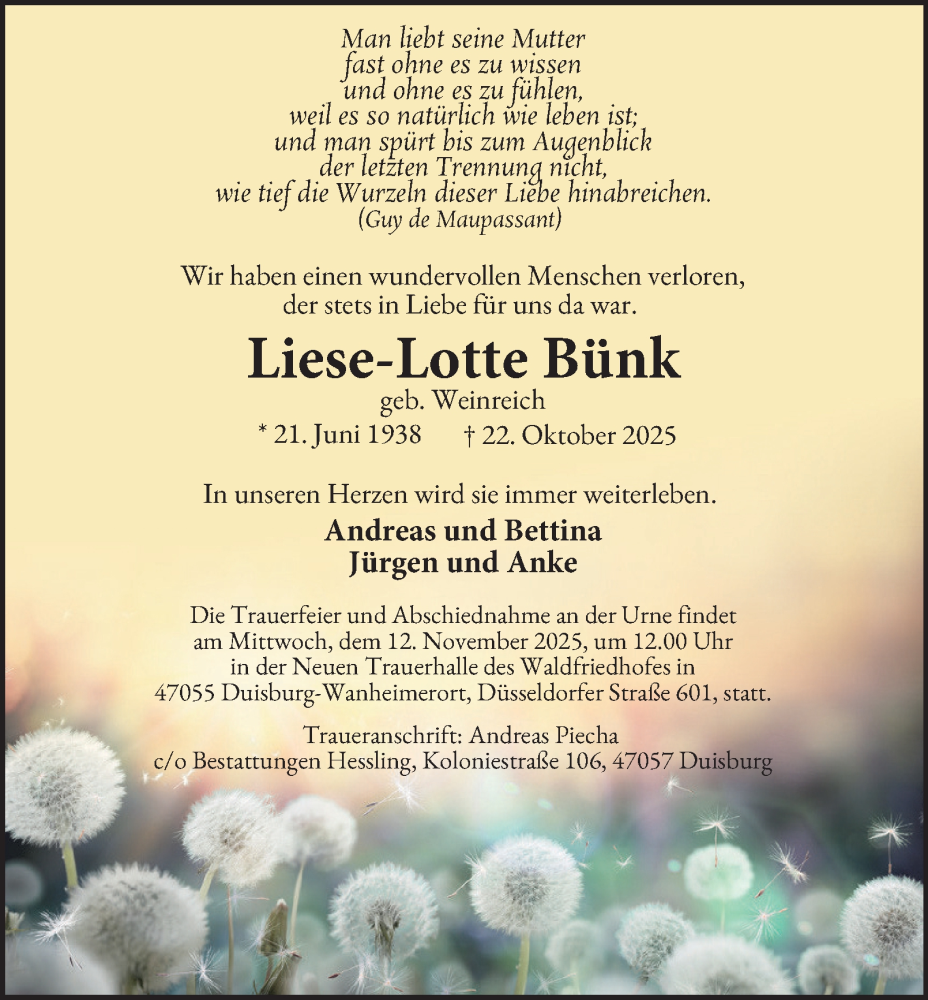  Traueranzeige für Liese-Lotte Bünk vom 08.11.2025 aus Tageszeitung