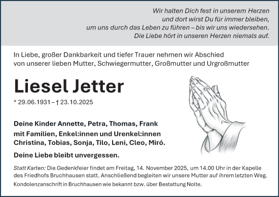 Traueranzeige von Liesel Jetter von Tageszeitung