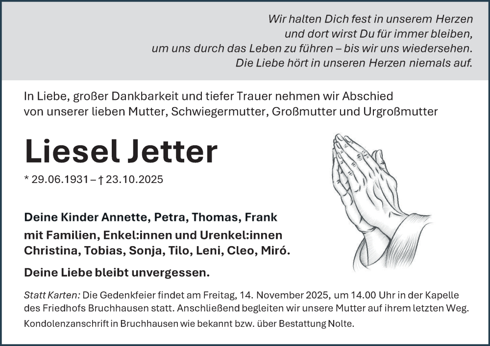  Traueranzeige für Liesel Jetter vom 08.11.2025 aus Tageszeitung