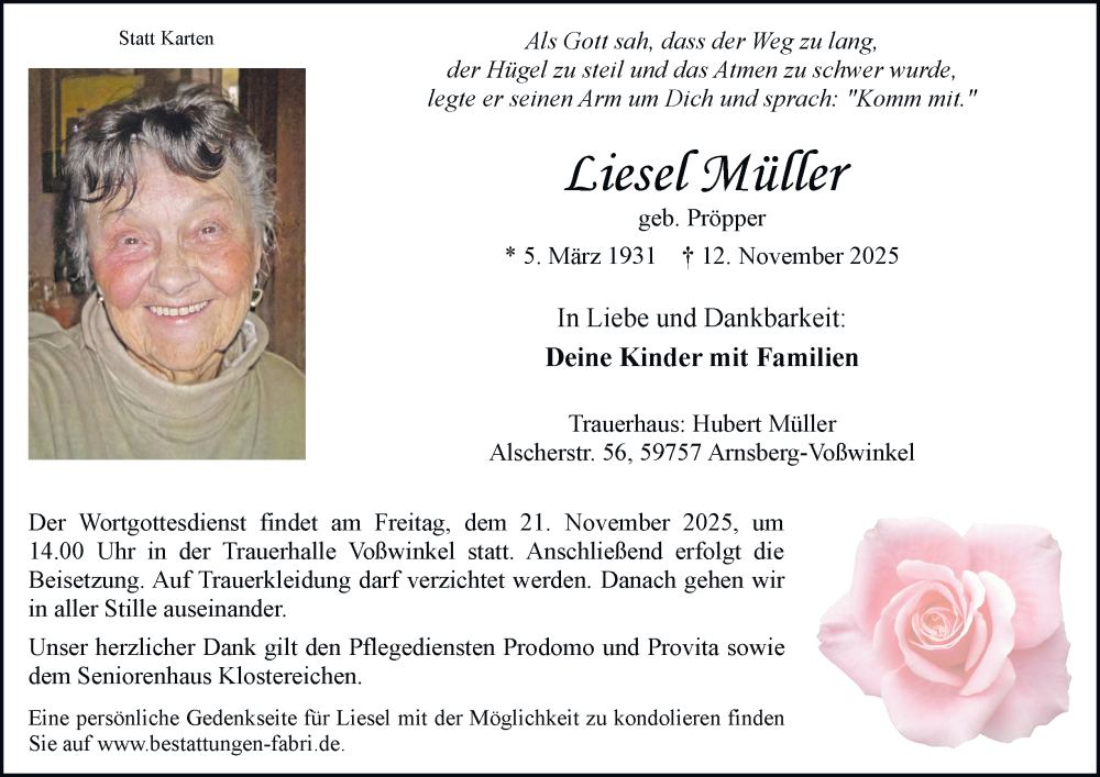  Traueranzeige für Liesel Müller vom 15.11.2025 aus Tageszeitung