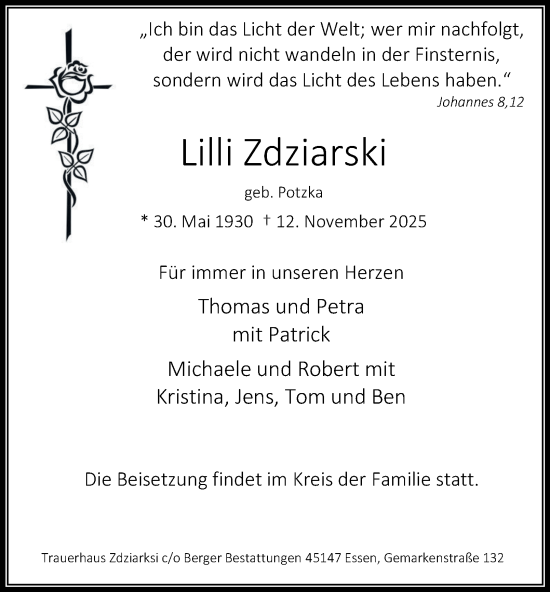 Traueranzeige von Lilli Zdziarski von Tageszeitung