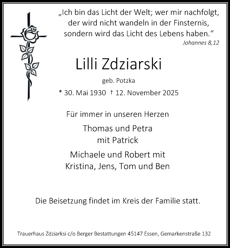  Traueranzeige für Lilli Zdziarski vom 29.11.2025 aus Tageszeitung