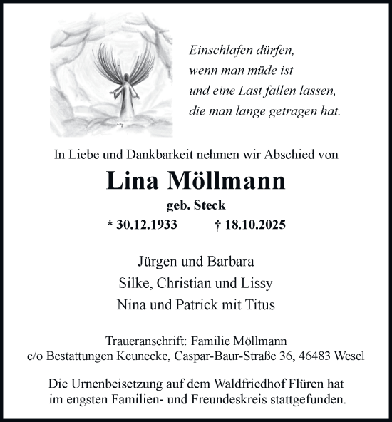 Traueranzeige von Lina Möllmann von Tageszeitung
