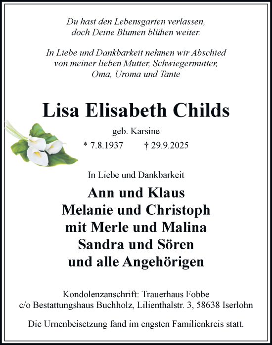 Traueranzeige von Lisa Elisabeth Childs von Tageszeitung
