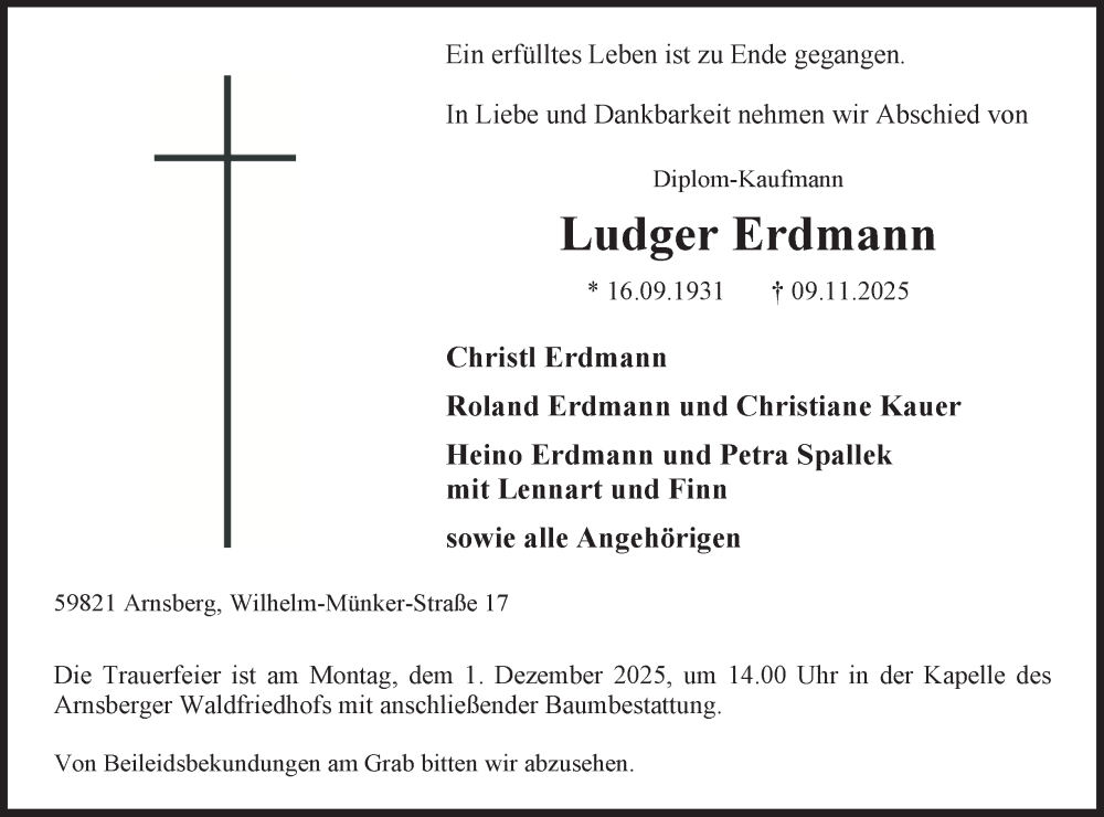  Traueranzeige für Ludger Erdmann vom 22.11.2025 aus Tageszeitung