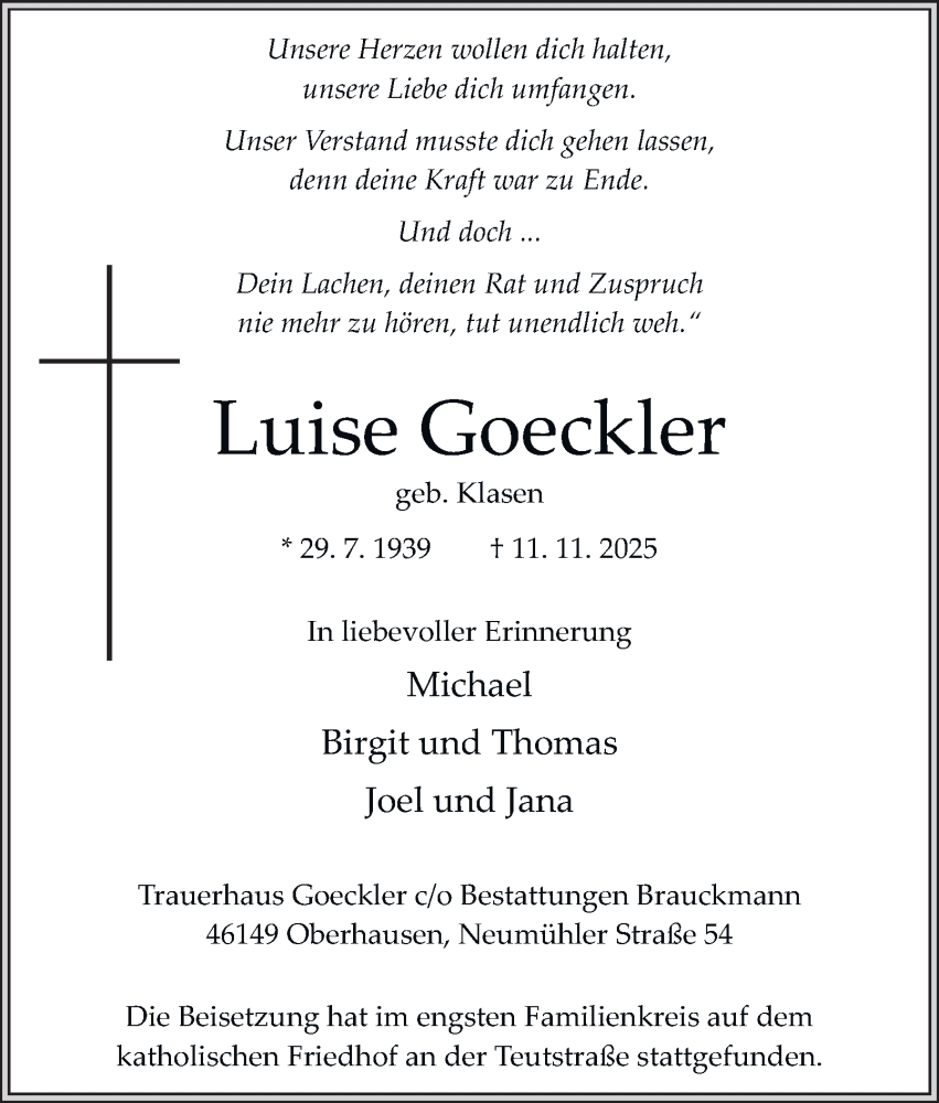  Traueranzeige für Luise Goeckler vom 22.11.2025 aus Tageszeitung